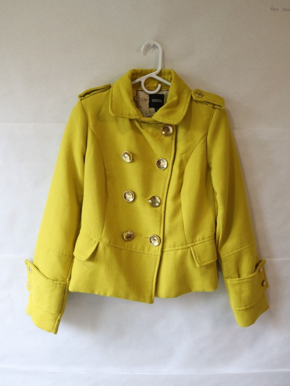 Y2K Early 2000s XOXO Women's Medium Double-Breasted Peacoat Jacket in Yellow - Picture 2 of 15